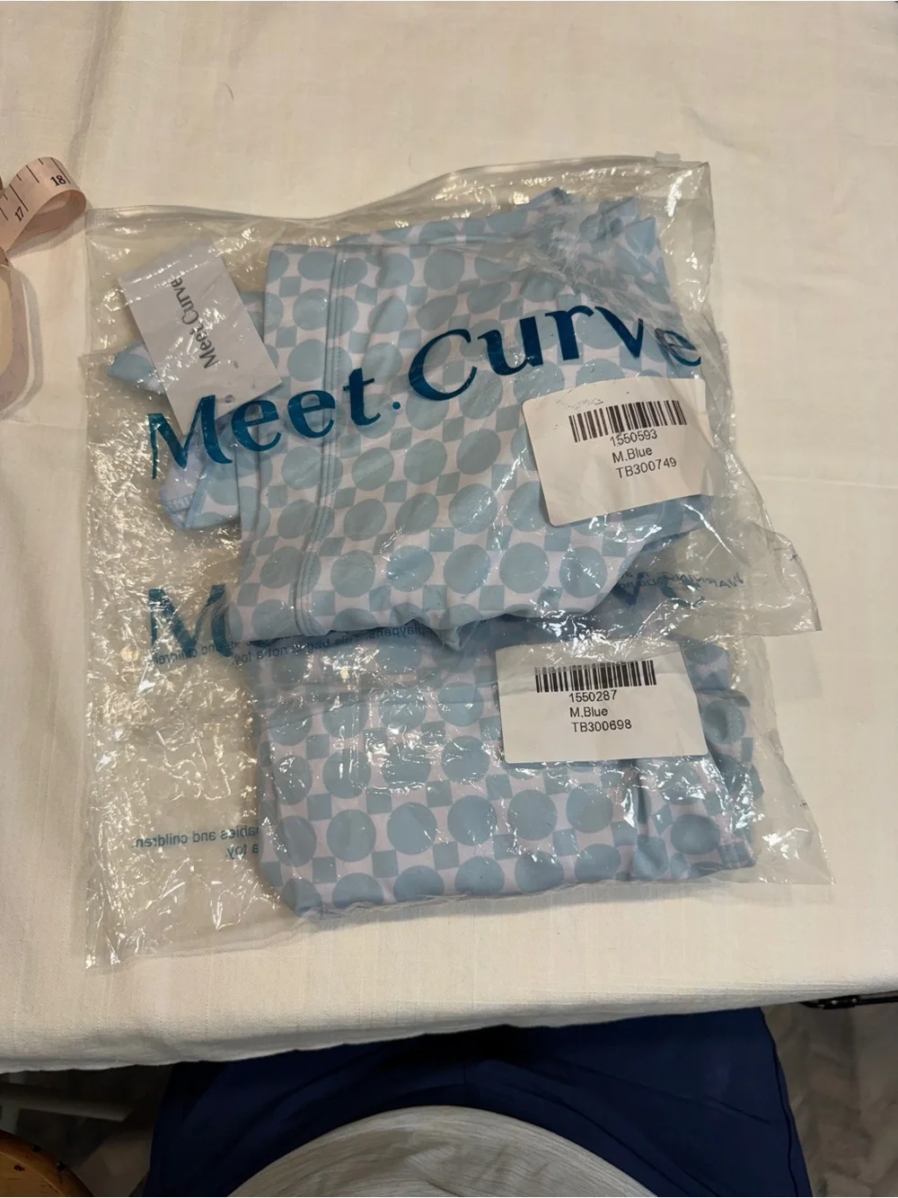 Meet.Curve Matching Set Blue V-neck Flutter Sleeve Top High Waist Bottom
